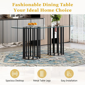 English Elm Table Oval Tempered Glass Dining Set Seats Six with Transparent Acrylic Chairs Luxe Style W1151S04761