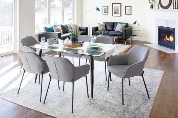English Elm Dining Chair Set of 2 with Black Metal Frame and Grey Upholstered Cushioned Seat B202P471347