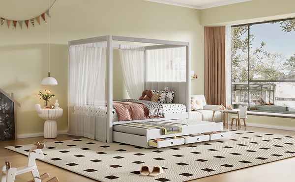 English Elm Twin Upholstery Canopy Platform Bed with Trundle & 3 Storage Drawers, Beige — Modern Pine Frame, 75.6"H DL001916AAA