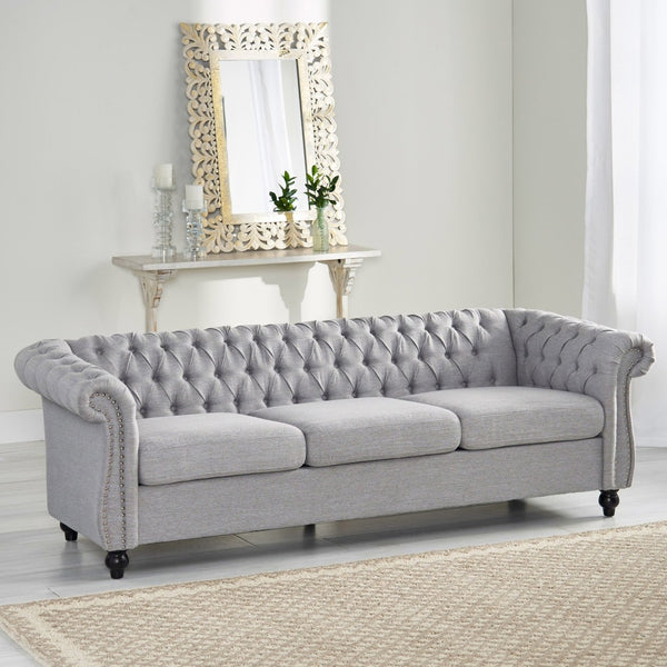 English Elm Sofa Chesterfield Three Seat Tufted Scrolled Arm Nailhead Living Room Formal Piece 68014.00FCLOUDGRY