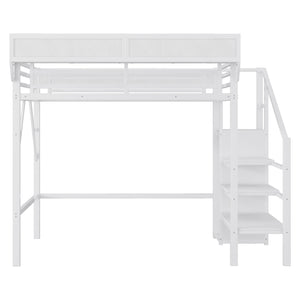 English Elm Twin Twin Size Loft Bed with Stairs and Built-In Shelves, Metal High Loft with Wardrobe for Kids Teens White W2580S00036
