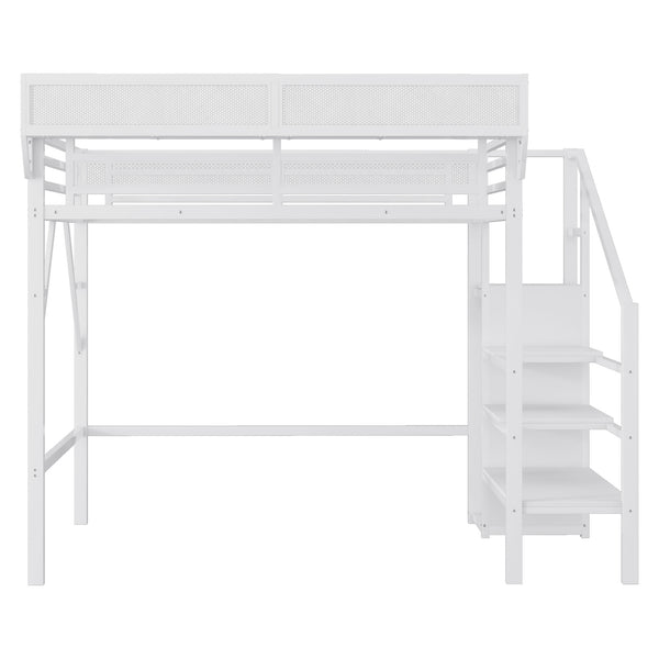 English Elm Twin Twin Size Loft Bed with Stairs and Built-In Shelves, Metal High Loft with Wardrobe for Kids Teens White W2580S00036