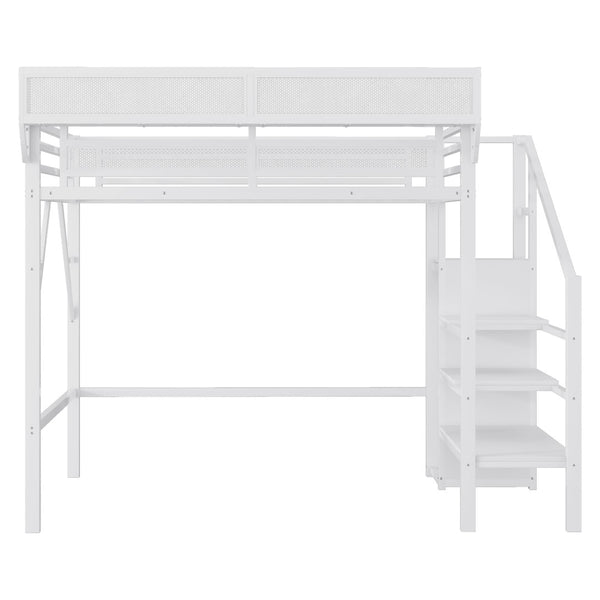 English Elm Twin Metal High Loft Bed with Staircase Storage Wardrobe for Kids and Teens White W2580S00061
