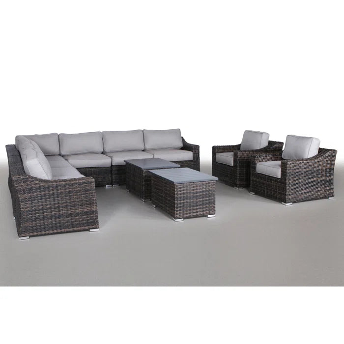 English Elm Fully Assembled 11-Piece Rattan Wicker Patio Seating Set For 8 With Plush Cushions & Coffee Tables B120S00122