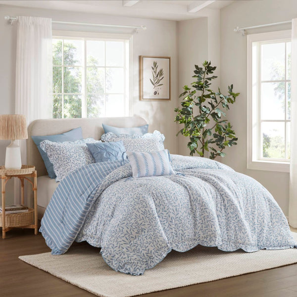 English Elm 5-piece Queen Microfiber Comforter Set Soft Printed Bedding with Decorative Pillows Blue B035P482938