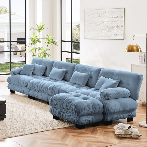 English Elm Free Modular Sectional Sofa - L-Shaped Cloud Couch With Convertible Ottoman & Chic Chenille Blue Finish W714S01179