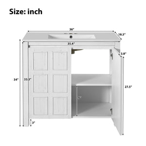English Elm 36" Bathroom Vanity Organizer with Ceramic Sink, Solid Wood Distressed Finish, Hand-Painted Charm and Ample Storage Antique White N729P255666K