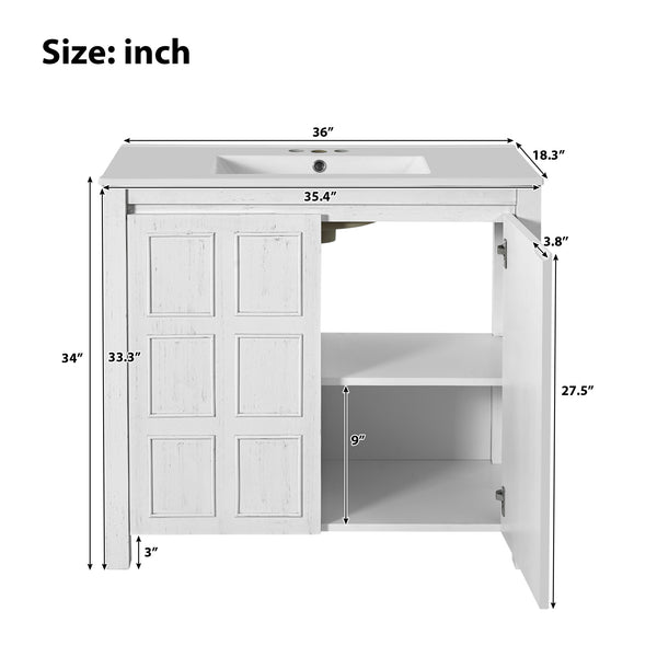 English Elm 36" Bathroom Vanity Organizer with Ceramic Sink, Solid Wood Distressed Finish, Hand-Painted Charm and Ample Storage Antique White N729P255666K