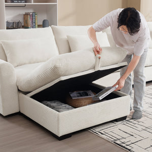 English Elm Beige Modular Corduroy Sofa Couch With Storage Ottoman - Versatile Deep Seating For Modern Spaces W714S00636