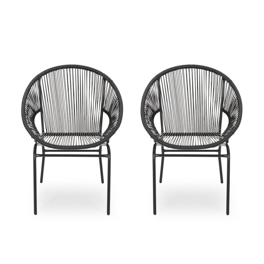 English Elm Nusa Outdoor Woven Rattan Basket Chair with Iron Legs for Modern Patio Spaces 66626.00BLK
