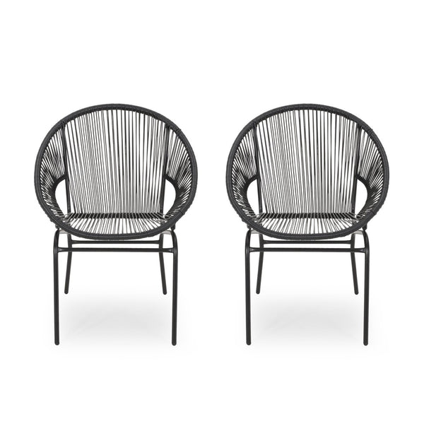 English Elm Nusa Outdoor Woven Rattan Basket Chair with Iron Legs for Modern Patio Spaces 66626.00BLK