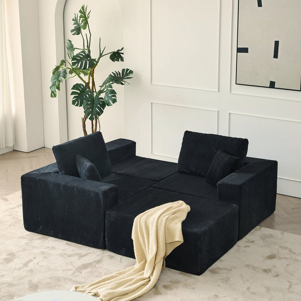 English Elm 110" Cloud Modular Sectional Sofa Boneless Corduroy 3-Seater with Ottoman & 2 Pillows, No Assembly, Luxurious Comfort Black W2656S00006