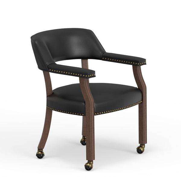 English Elm Gorman Faux Leather Game Chair Walnut Frame Nailhead Trim Casters Rolling Base B050P412222