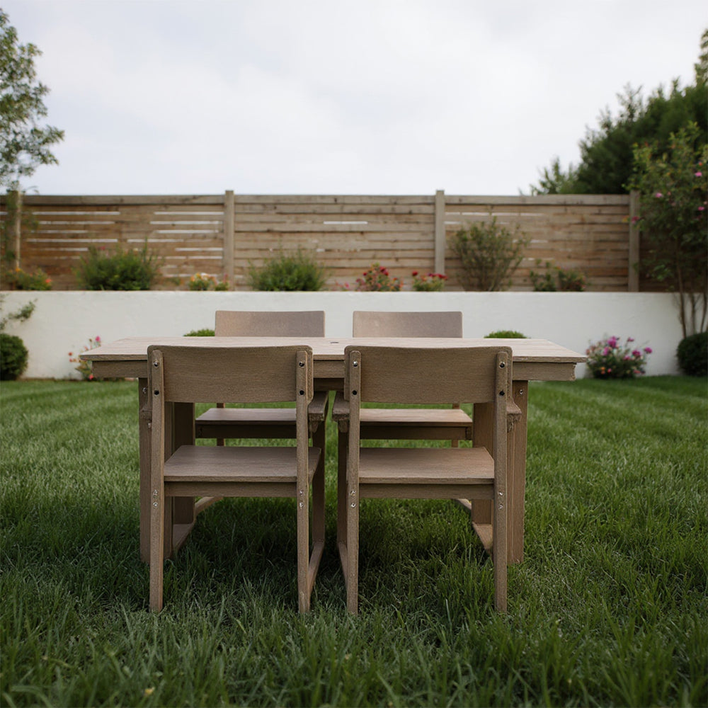 English Elm 5-Piece Hdpe Outdoor Dining Set For 4 – Stylish, Weather-Resistant Dining Table With Umbrella Hole & Ergonomic Chairs W3566S00017