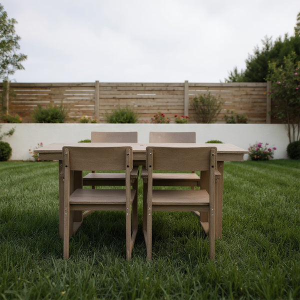 English Elm 5-Piece Hdpe Outdoor Dining Set For 4 – Stylish, Weather-Resistant Dining Table With Umbrella Hole & Ergonomic Chairs W3566S00017