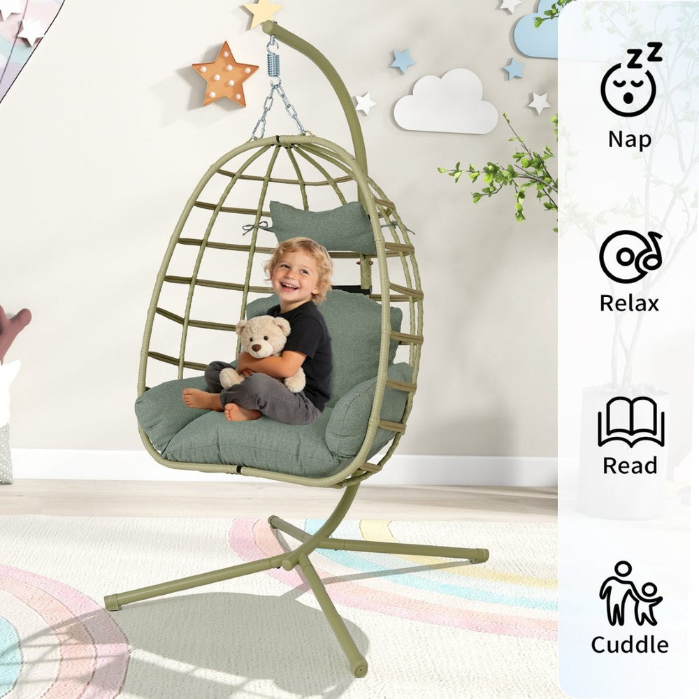 English Elm Egg Hanging Chair with Stand Pe Rattan Swing Seat Washable Cushion Patio Bedroom T5880P497437