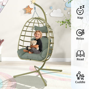 English Elm Egg Hanging Chair with Stand Pe Rattan Swing Seat Washable Cushion Patio Bedroom T5880P497437