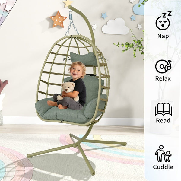 English Elm Egg Hanging Chair with Stand Pe Rattan Swing Seat Washable Cushion Patio Bedroom T5880P497437