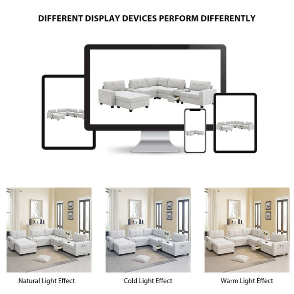 English Elm [new U-shaped Chenille Sectional Six Seat Tufted Couch with Usb Charging Storage Light Gray N723S1191K