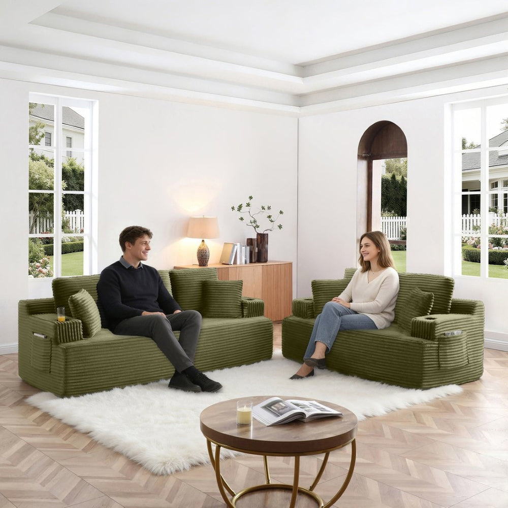 English Elm Boneless Floor Sofa Corduroy Upholstered 5 Seat Low Profile with Cup Holders for Living Room Green W1117S00434