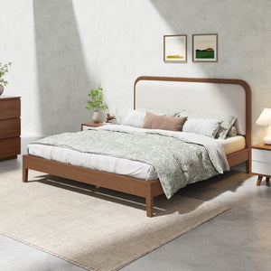 English Elm Queen Solid Acacia Platform Bed Curved Beige Upholstered Headboard Brown Oak Finish N758Q517071N