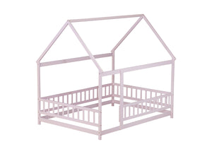English Elm Full Size House Floor Bed With Roof Frame & Guardrails - Cozy Pink Wooden Design For Kids W504P286410