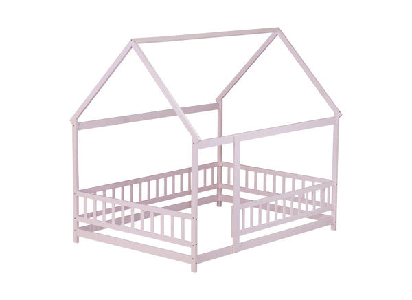 English Elm Full Size House Floor Bed With Roof Frame & Guardrails - Cozy Pink Wooden Design For Kids W504P286410