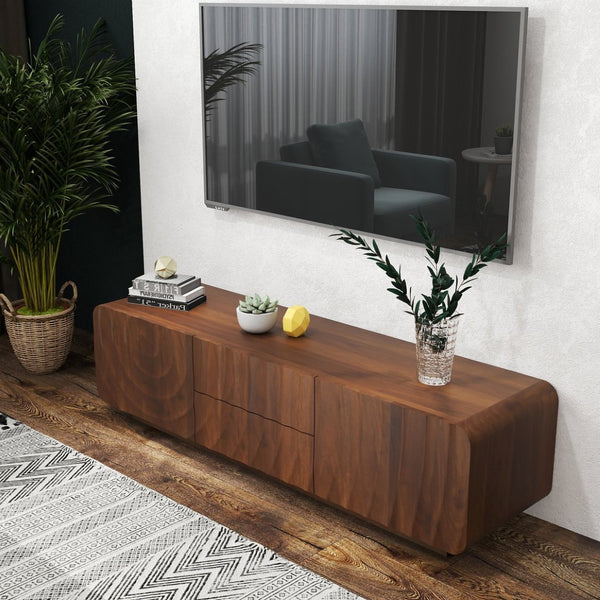 English Elm 58''tv Console Sculpted Spiral Wave Relief Walnut Mid-century Media Stand with Storage Walnut Brown W2263P412380