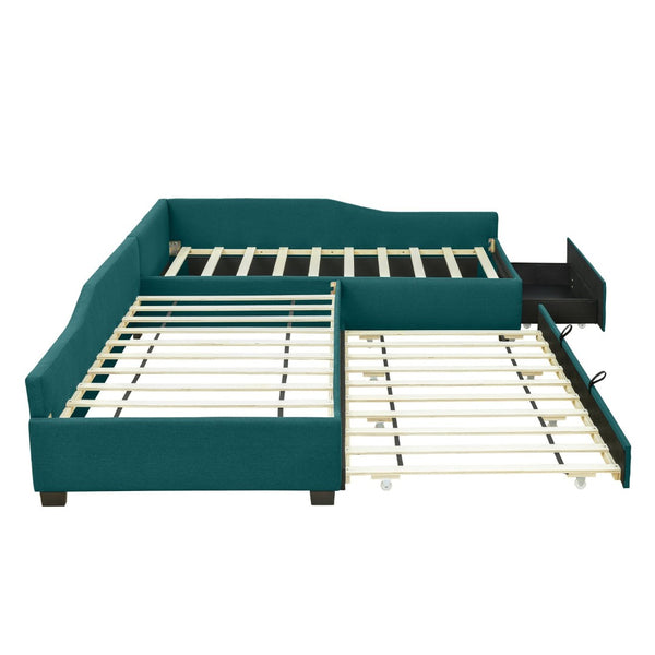 English Elm Upholstered Twin Daybed with Pull Out Trundle Linen Blend Sofa Style Studio Bed Green GX001316AAF