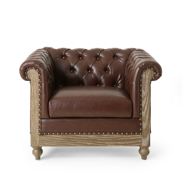 English Elm Christopher Knight Home® - CLUB Club Chair Chesterfield-Inspired Tufted PU Upholstery with Nailhead Trim, Scrolled Arms, Turned Legs Dark Brown 39.25 L x 34.25 W x 25 H 72069.00