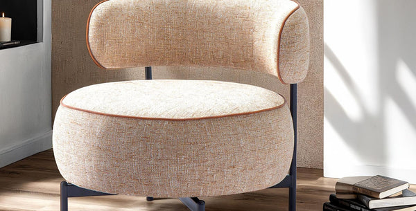 English Elm Light swivel chair in light brown fabric with white welt, curved backrest, metal legs, 360° swivel, 31.5"W B2741P390564