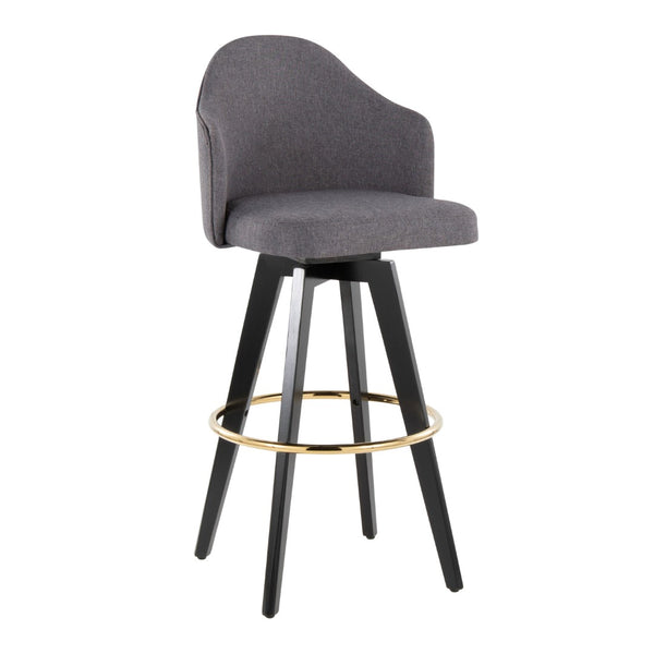 English Elm Fixed-height Swivel Barstools Upholstered Grey Fabric Black Wood Legs Kitchen Set of 2 Black+Gery B202S01865