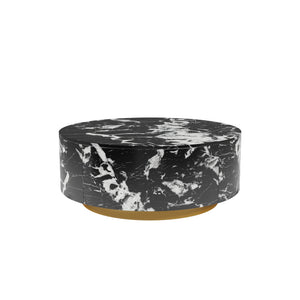 English Elm Tavola Round Coffee Table with Marble Pattern Top and Metal Legs, Two Drawers for Stylish Storage Black B341P321162