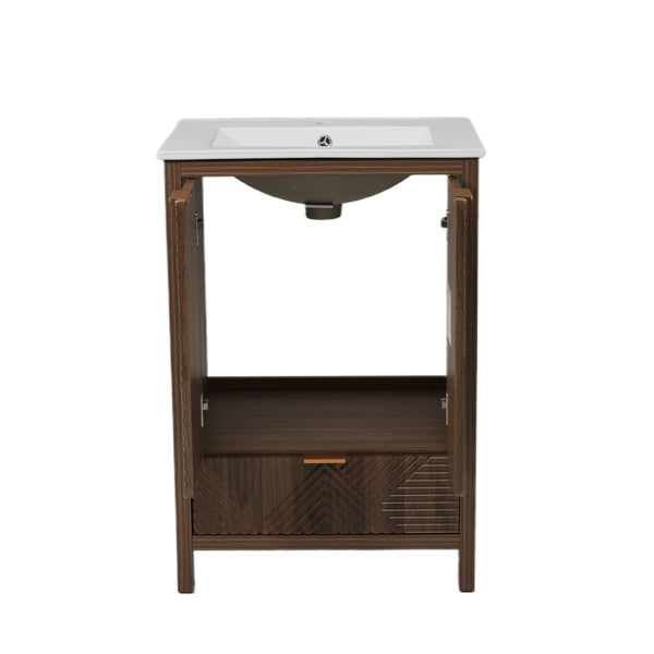 English Elm Christopher Knight Home® - 24 24-Inch Bathroom Vanity with Ceramic Sink, Textured Panels, Soft-Close Drawer & Large Storage Brown N817P339017B