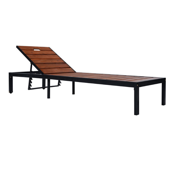 English Elm Outdoor Acacia Wood Slat Chaise Lounge with Powder Coated Frame for Patio Resort Black+Brown N719P383161D