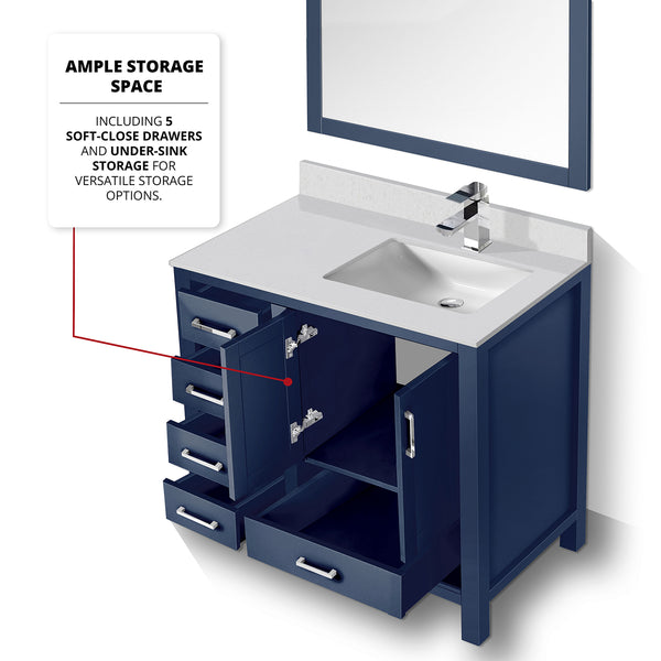 English Elm Navy Blue Bath Vanity Ensemble With 36" Quartz Top, Chrome Faucet, & 34" Mirror For Stylish Bathrooms B2731S01271