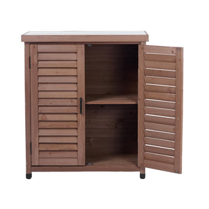 English Elm Potting Bench Solid Wood Workstation with Metal Top Louvered Cabinet Outdoor Garden Brown W2640P228401