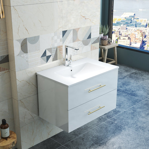 English Elm 30-Inch Sleek Wall-Mounted Bathroom Vanity With Integrated Sink, Double Drawers & Easy Installation W3151S00053