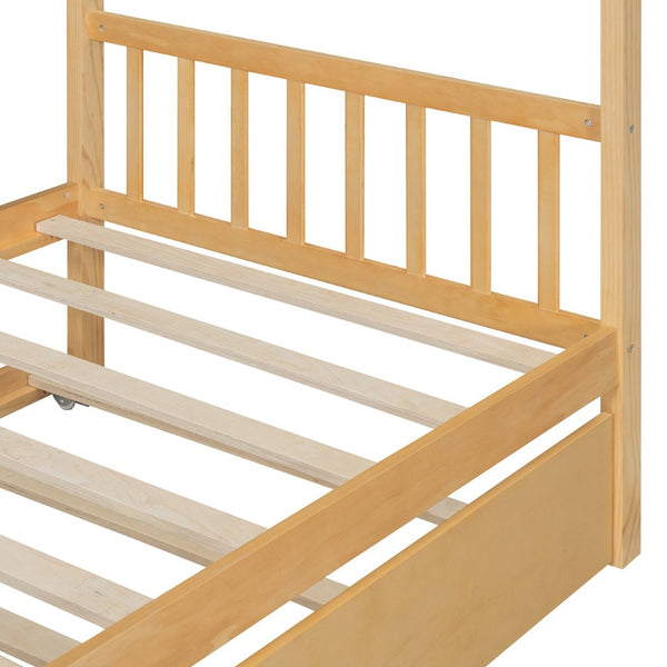 English Elm Twin House Bed Solid Pine Cottage Frame with Pull Out Trundle for Kids Bedroom Natural N708P309238M