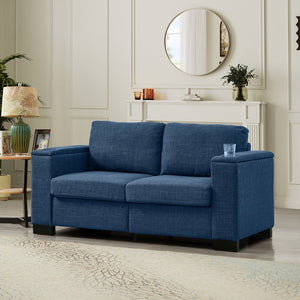 English Elm 67.7" Modern Loveseat Sofa with Cup Holders and Hidden Storage, Polyester Upholstery, Solid Wood Frame Blue W1097S00194