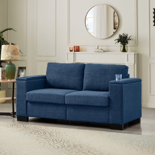 English Elm 67.7" Modern Loveseat Sofa with Cup Holders and Hidden Storage, Polyester Upholstery, Solid Wood Frame Blue W1097S00194
