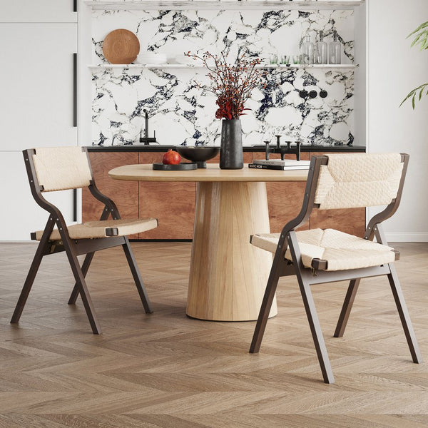 English Elm Wood Foldable Dining Chair Set of 2 with Woven Rattan Seat, Teak Finish, Comfortable Padded Design Beige,Walnut Brown T3623P380496
