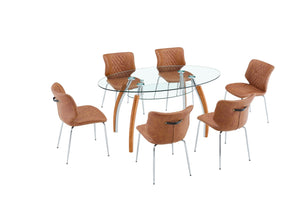 English Elm Dark Oil Waxed Faux Leather Dining Chair Set with Diamond Tufted High Back Metal Legs Brown W3493P444745