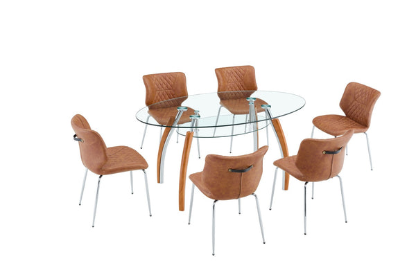 English Elm Dark Oil Waxed Faux Leather Dining Chair Set with Diamond Tufted High Back Metal Legs Brown W3493P444745