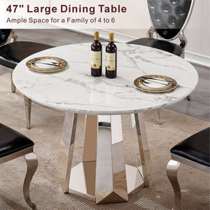 English Elm 47" Round Marble Dining Table - Modern High Gloss Faux Marble Top & Stainless Steel Base For Elegance W3456S00034