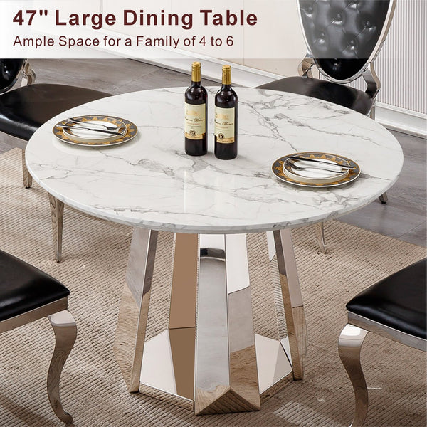 English Elm 47" Round Marble Dining Table - Modern High Gloss Faux Marble Top & Stainless Steel Base For Elegance W3456S00034