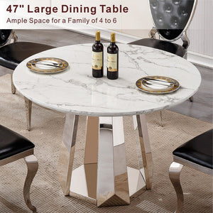 English Elm 47" Round Faux Marble Dining Table Mirror Polished Steel Base Seats Four Modern W3456S00034