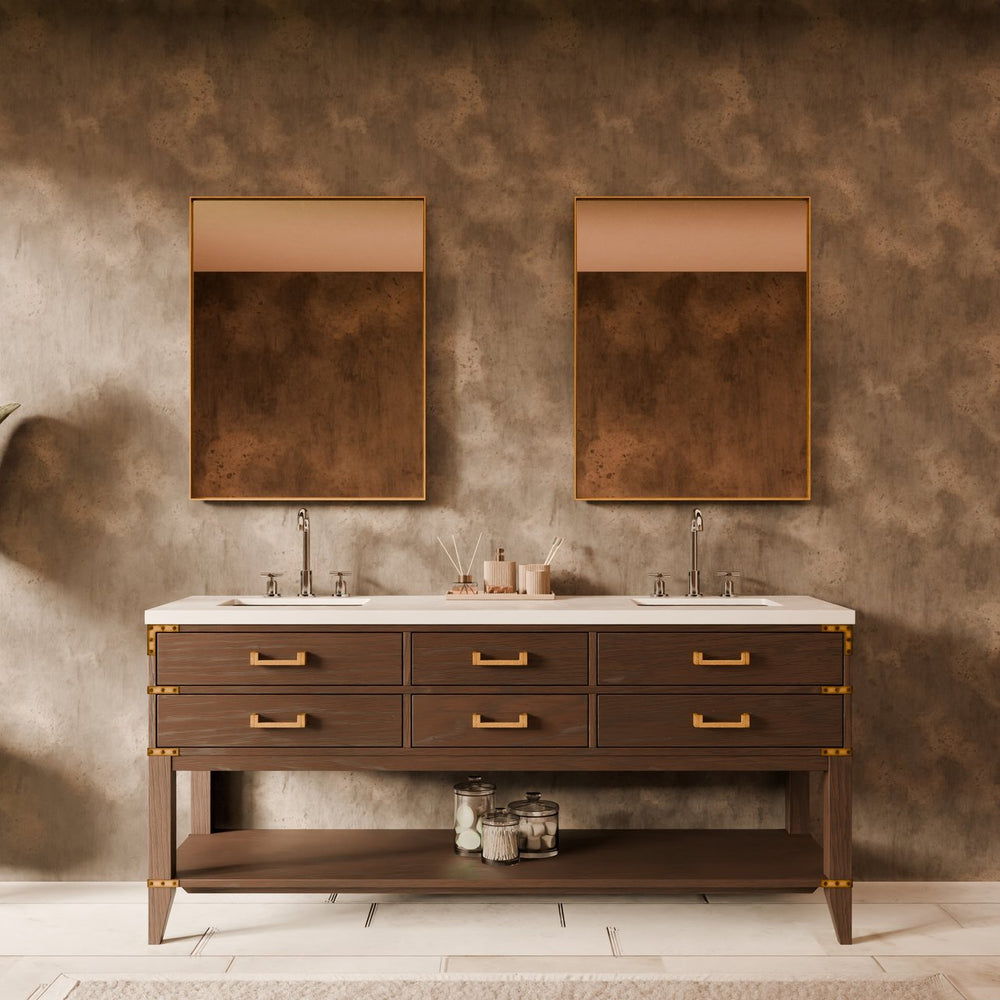 English Elm Brown Oak Double Bath Vanity With White Quartz Top & Two Mirrors - Stylish Storage Solution! B2731S01641