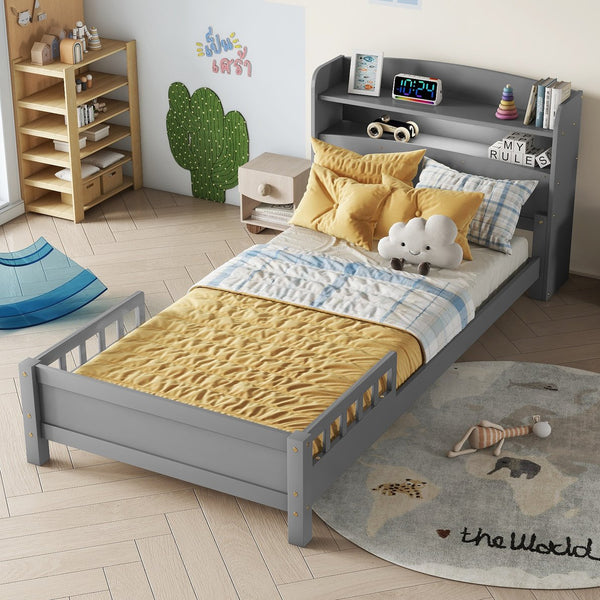 English Elm Twin Pine Wood Bed with Bookcase Headboard LED Motion Sensor Light Guardrails Ample Storage Space Grey W504P277595