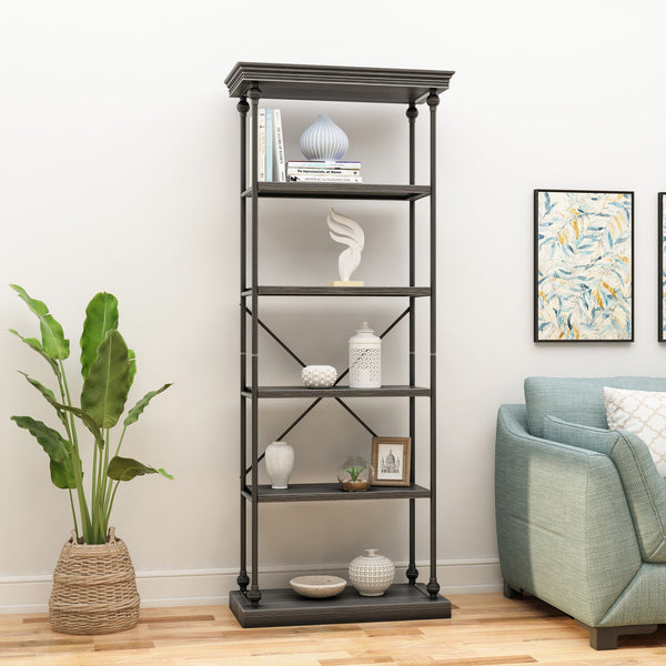 English Elm Christopher Knight Home® - Metal Pipe bookshelf with firwood shelves and X-frame iron support for industrial durable display decor Grey 63818.00GRYPEWT